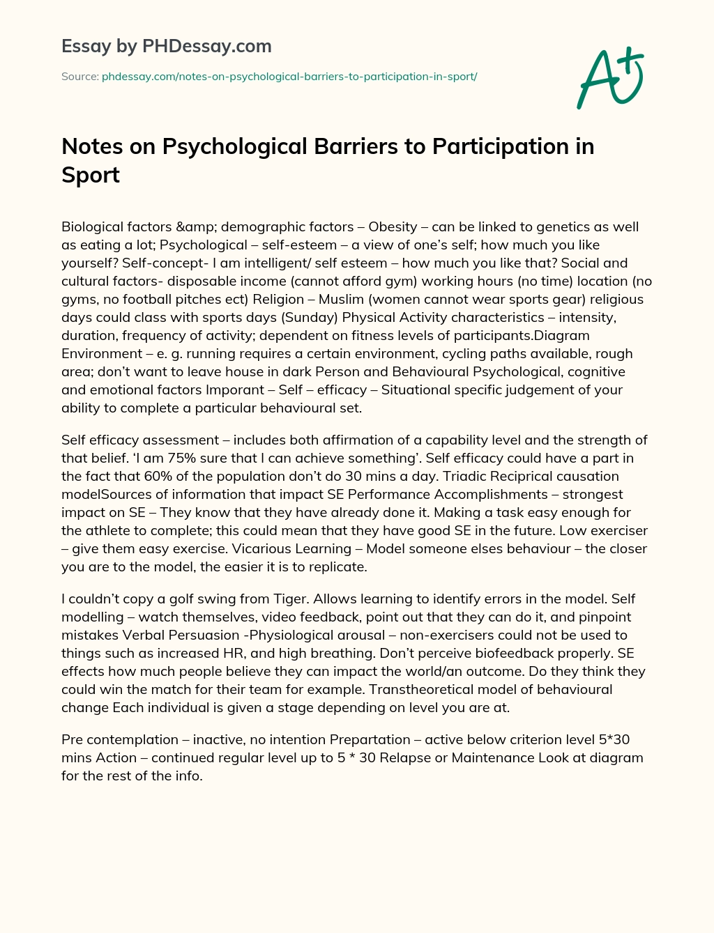 Notes on Psychological Barriers to Participation in Sport essay