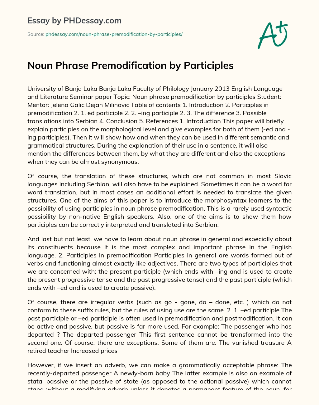 Noun Phrase Premodification by Participles essay