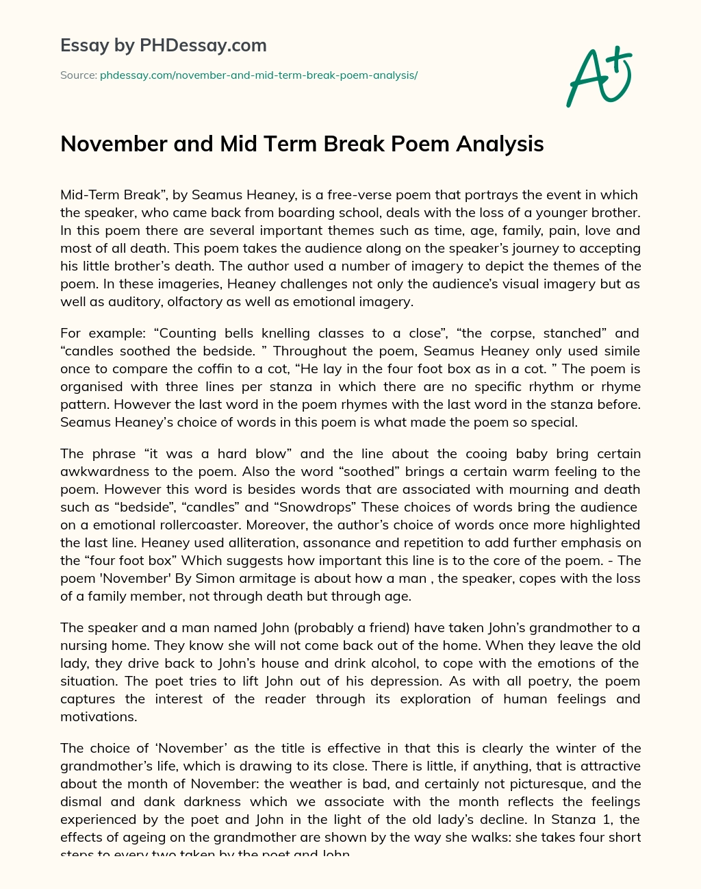November and Mid Term Break Poem Analysis essay