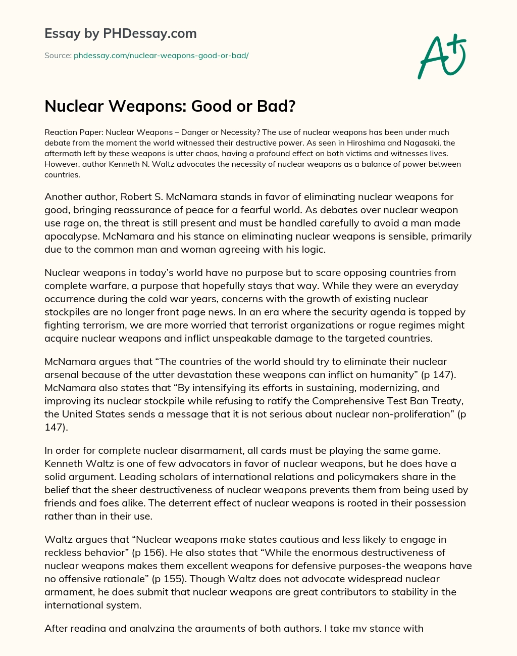 Nuclear Weapons: Good or Bad? essay