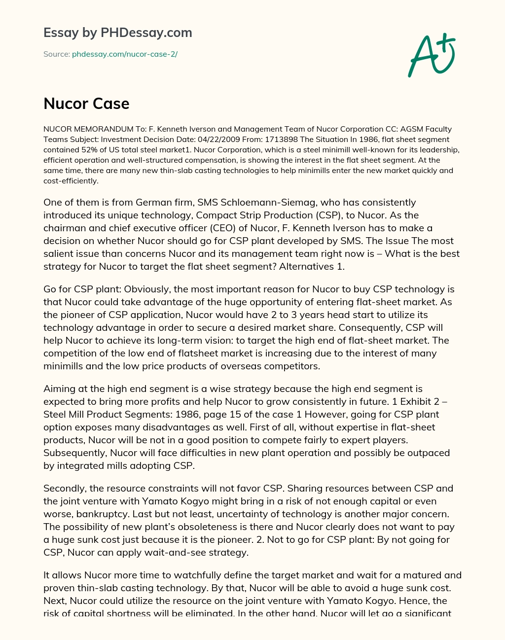 Nucor Corporation’s Decision on Entering the Flat Sheet Segment with CSP Technology essay
