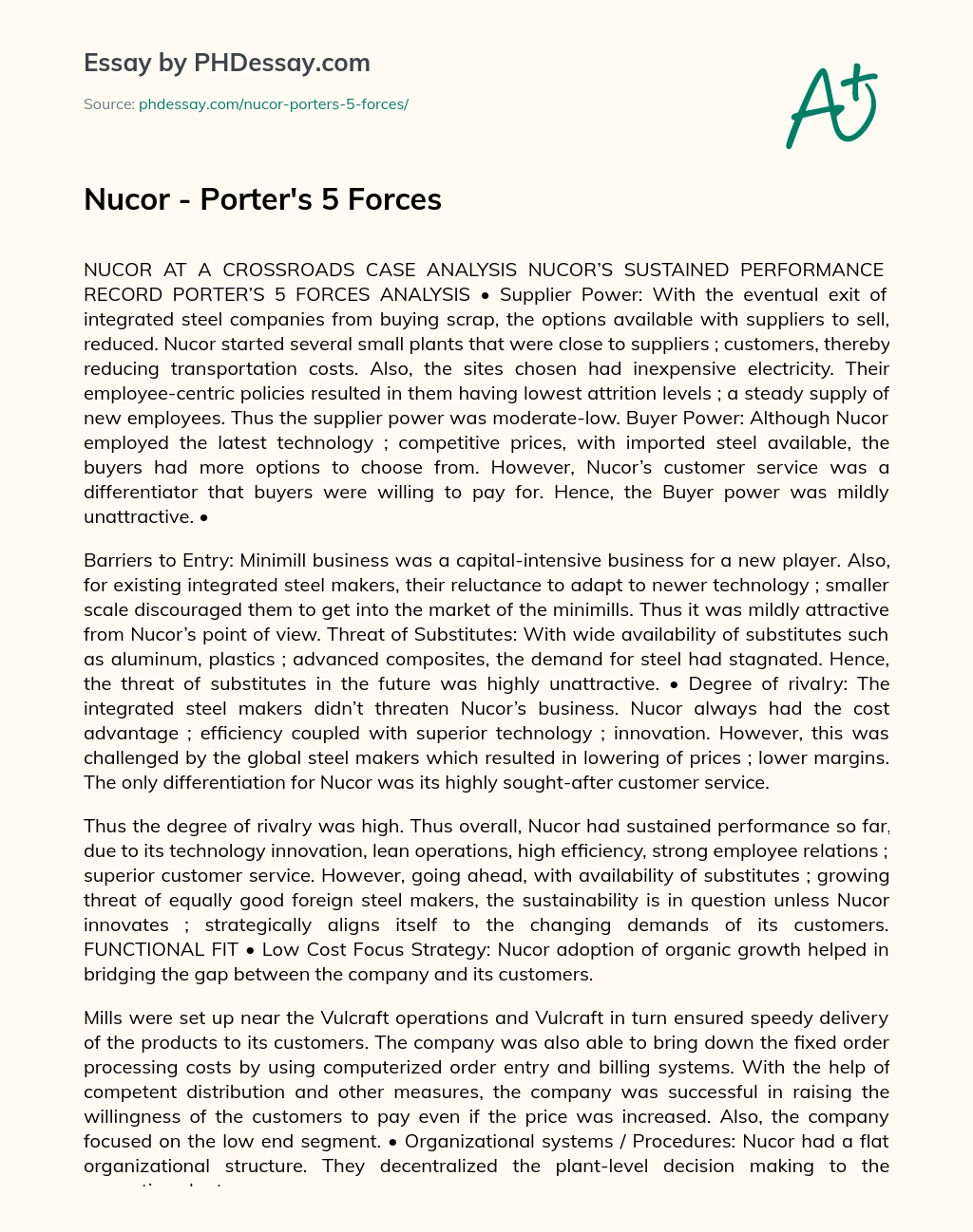 Nucor – Porter’s 5 Forces essay