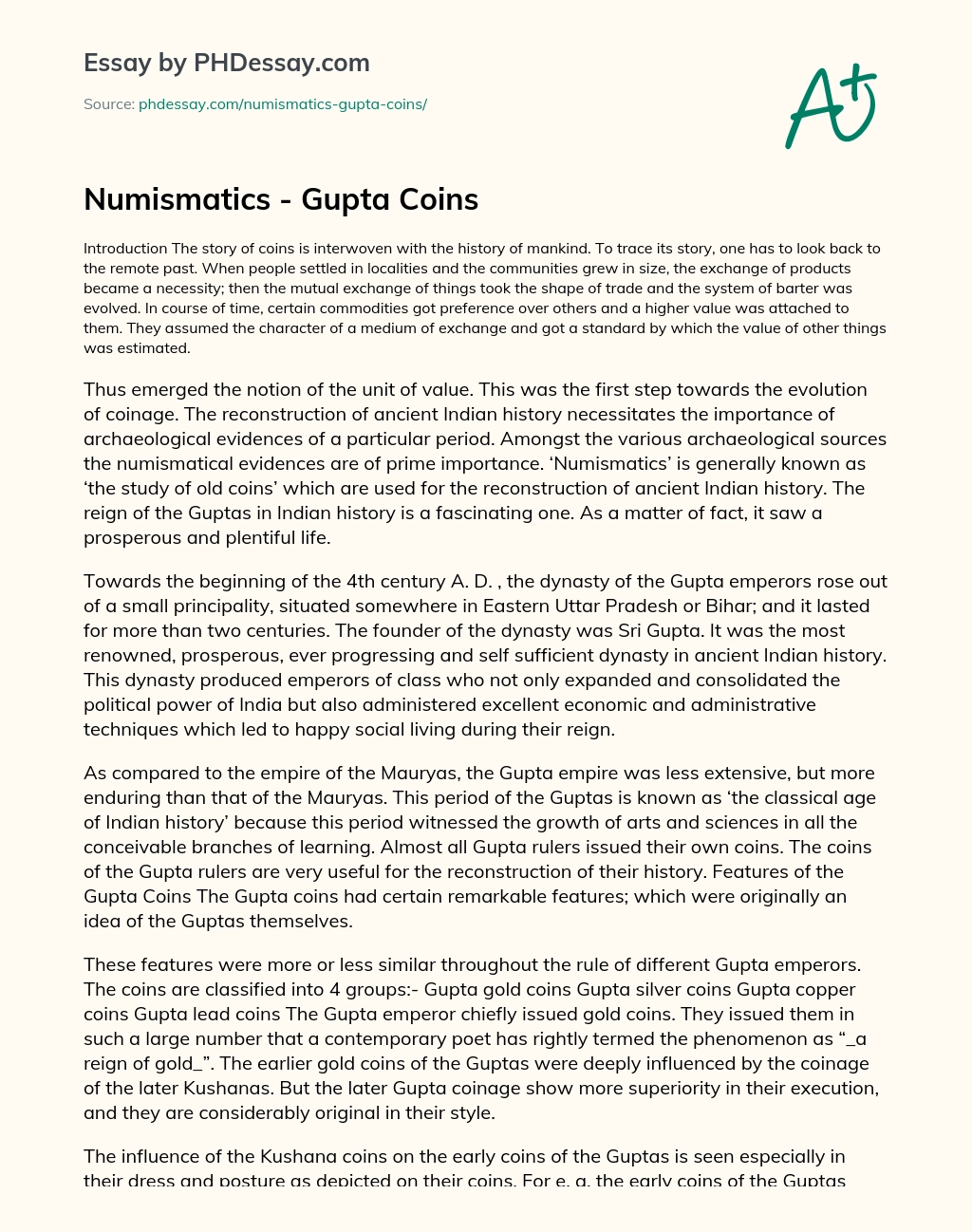 Numismatics – Gupta Coins essay