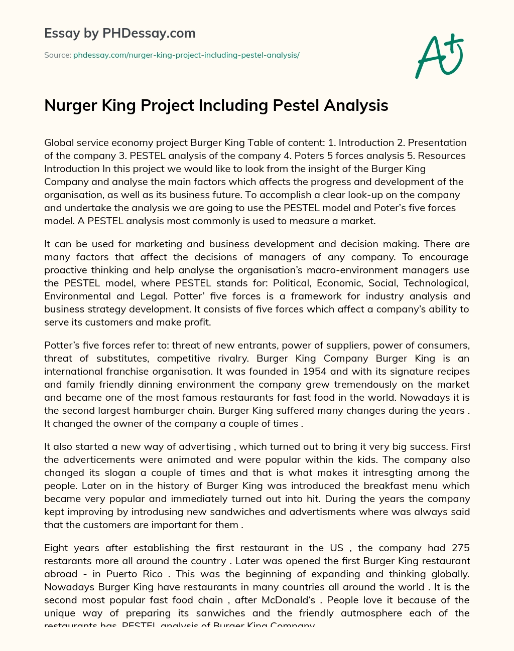 Nurger King Project Including Pestel Analysis essay