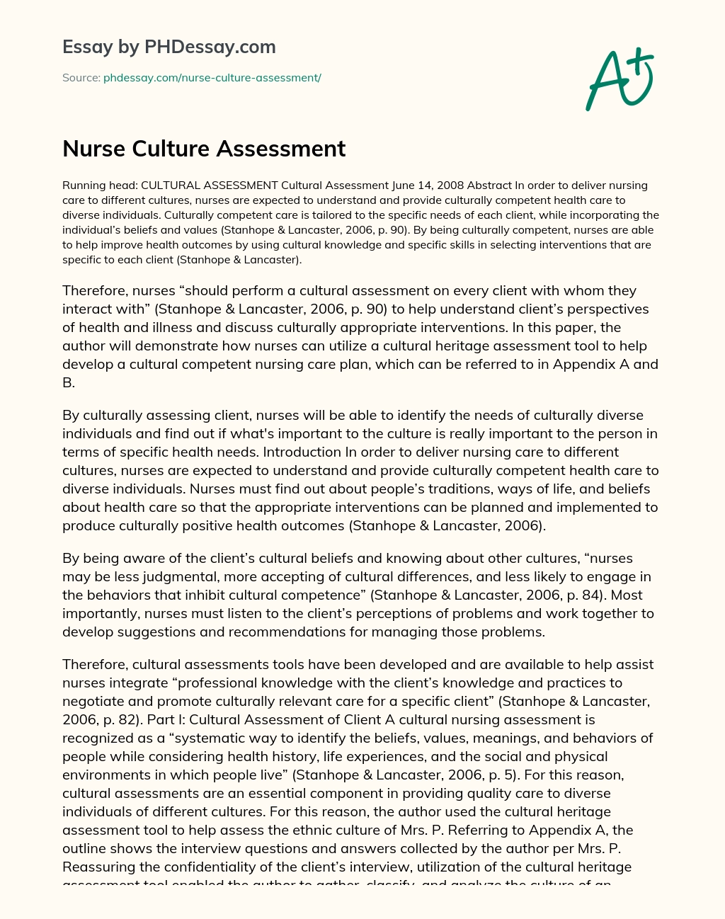 Nurse Culture Assessment essay