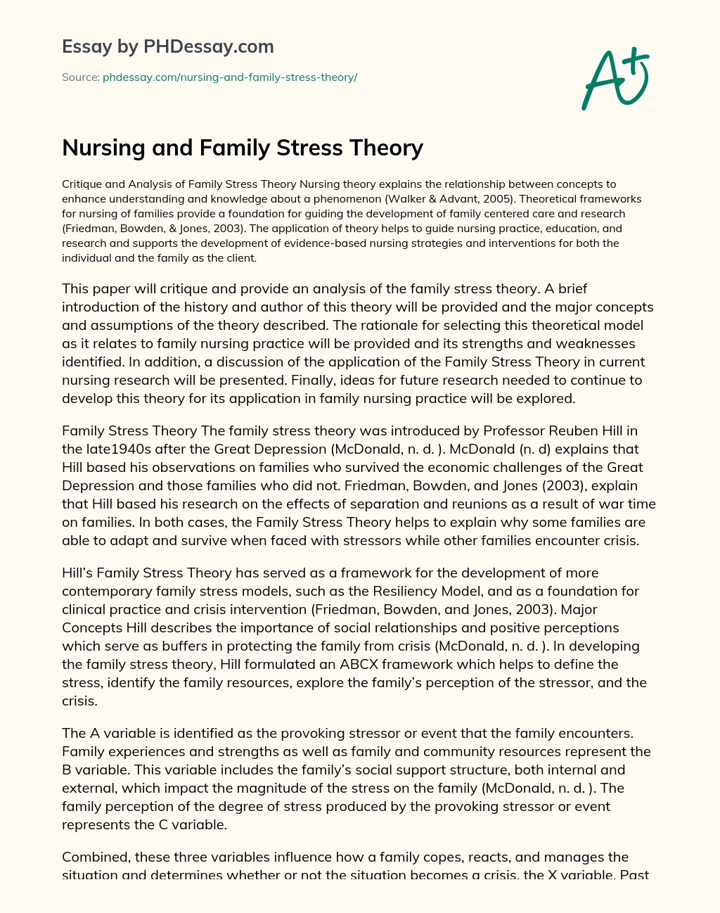 Nursing and Family Stress Theory essay