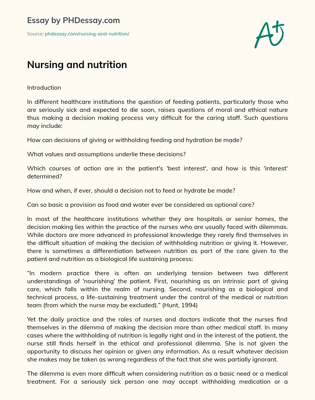 Nursing and nutrition essay