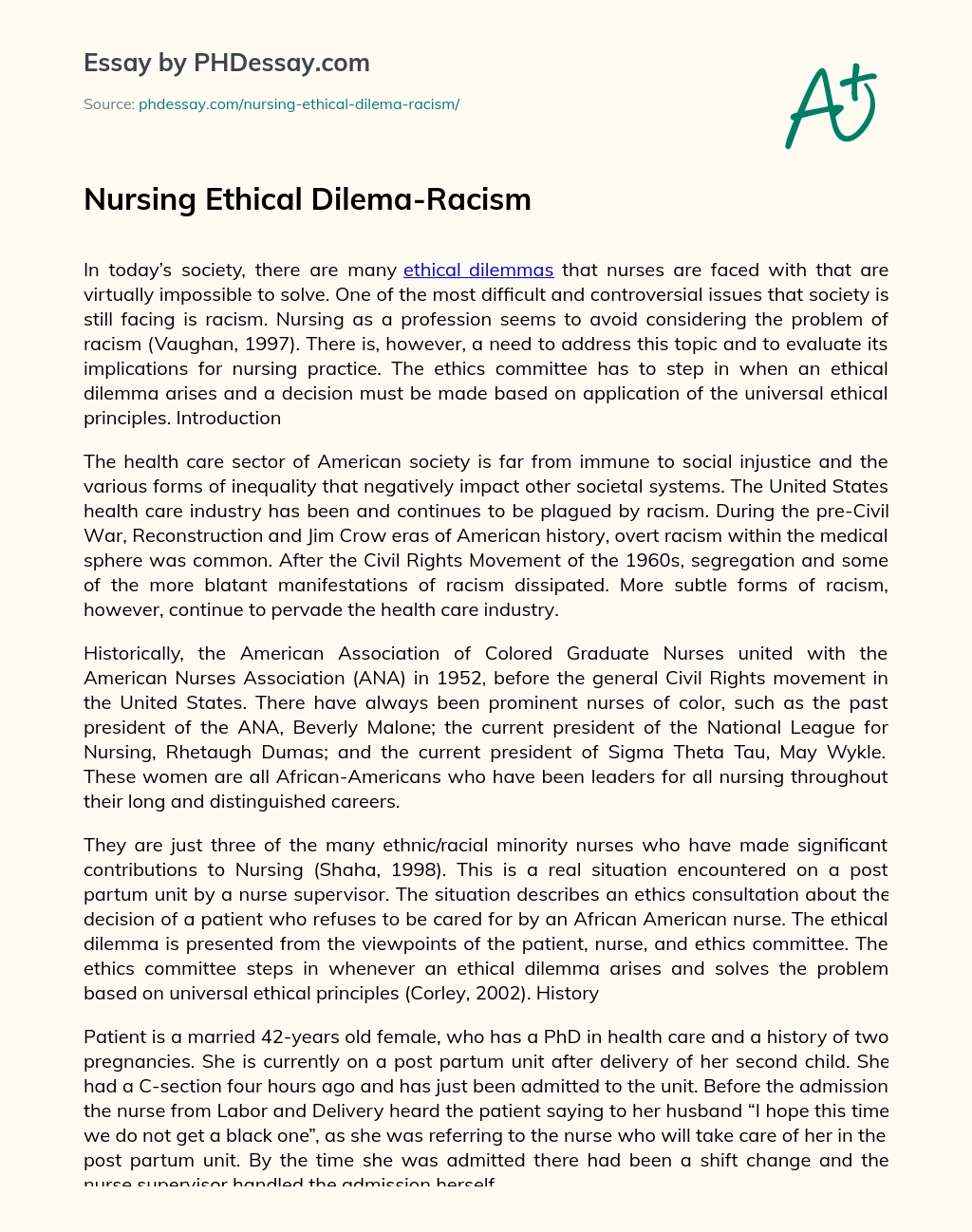 Nursing Ethical Dilema-Racism essay