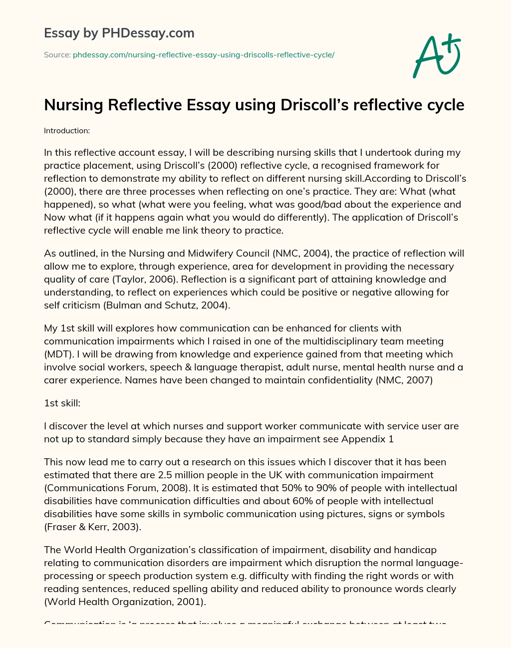 reflective essay nursing driscoll