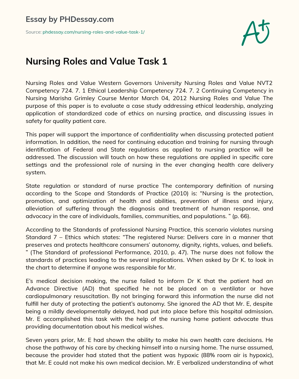 Nursing Roles and Value Task 1 essay