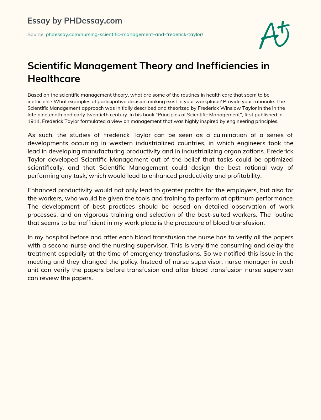 Scientific Management Theory and Inefficiencies in Healthcare essay