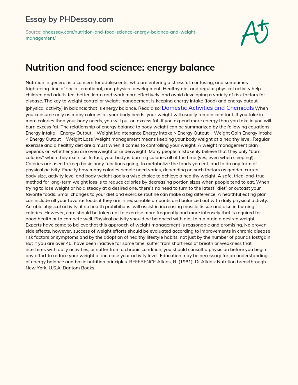 Nutrition And Food Science: Energy Balance essay