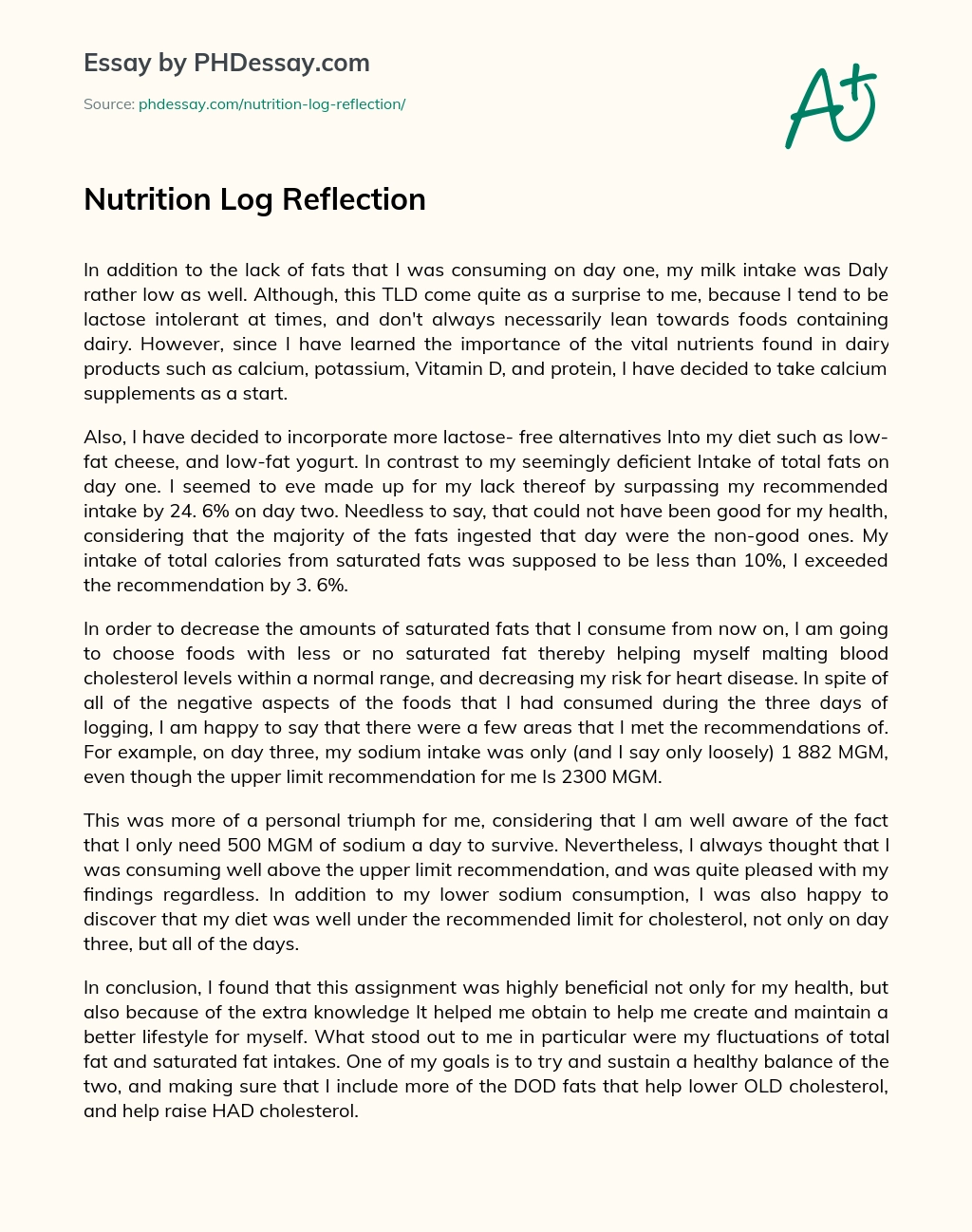 Nutrition Log Reflection essay