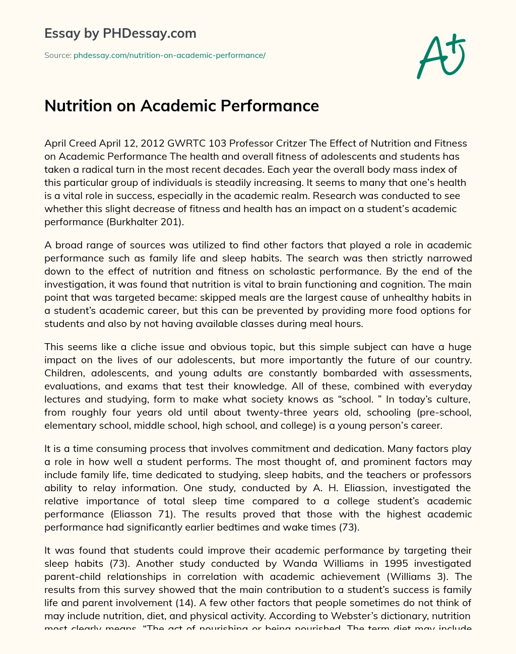 Nutrition on Academic Performance essay