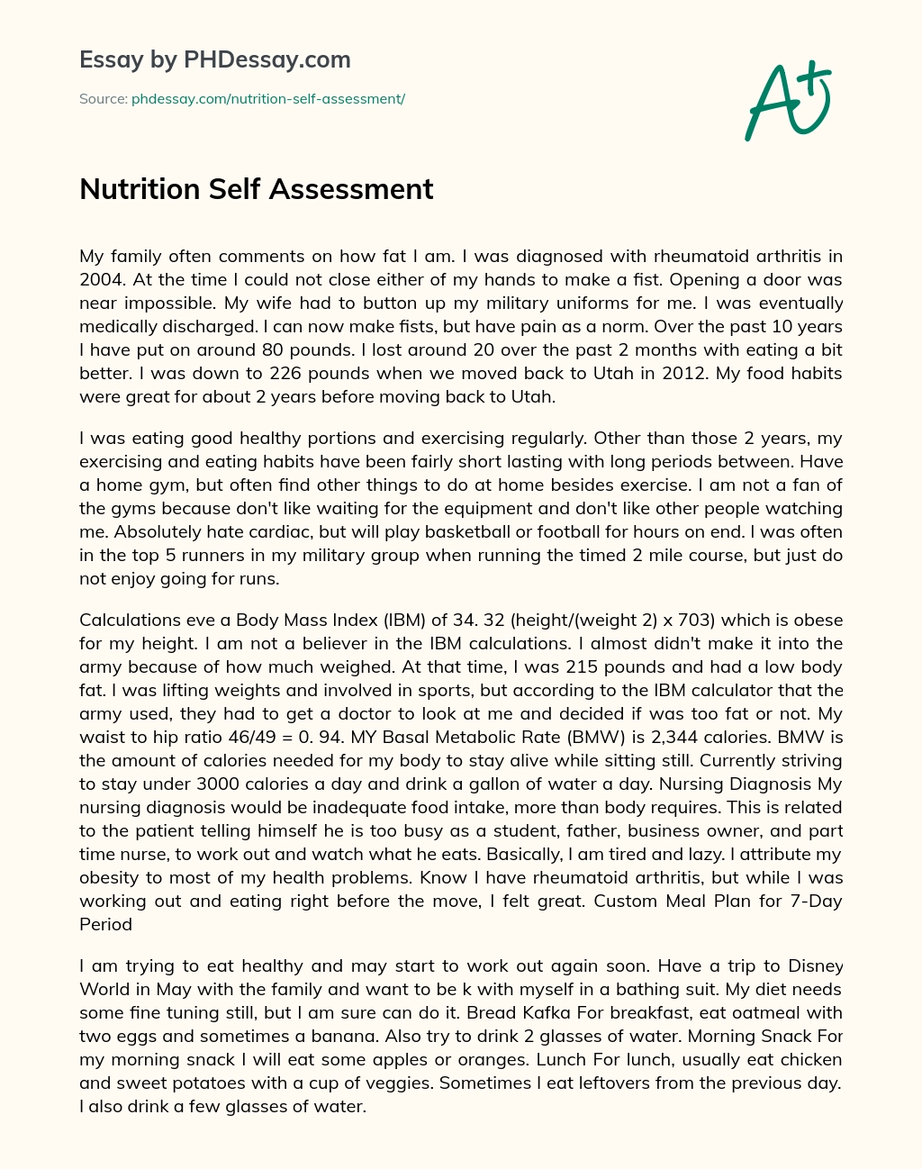 Nutrition Self Assessment essay