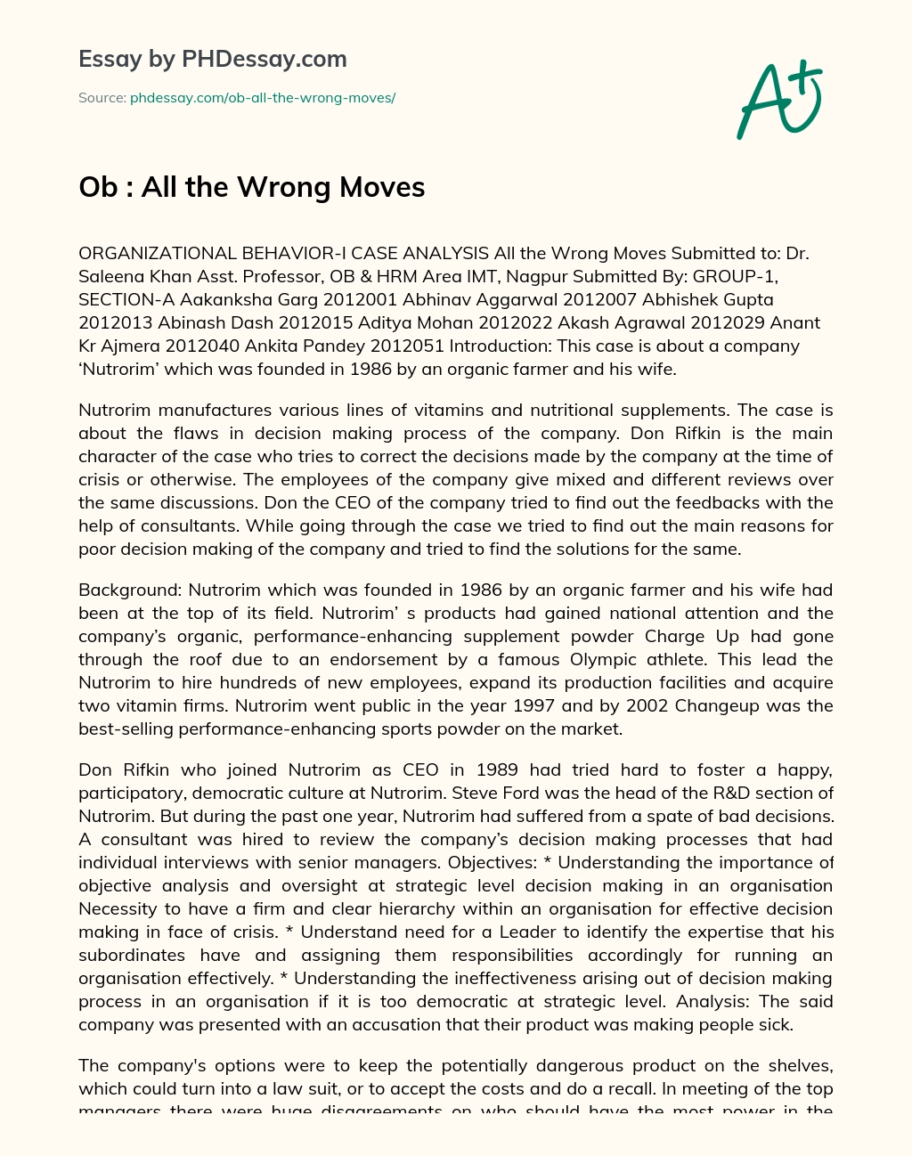 Ob : All the Wrong Moves essay