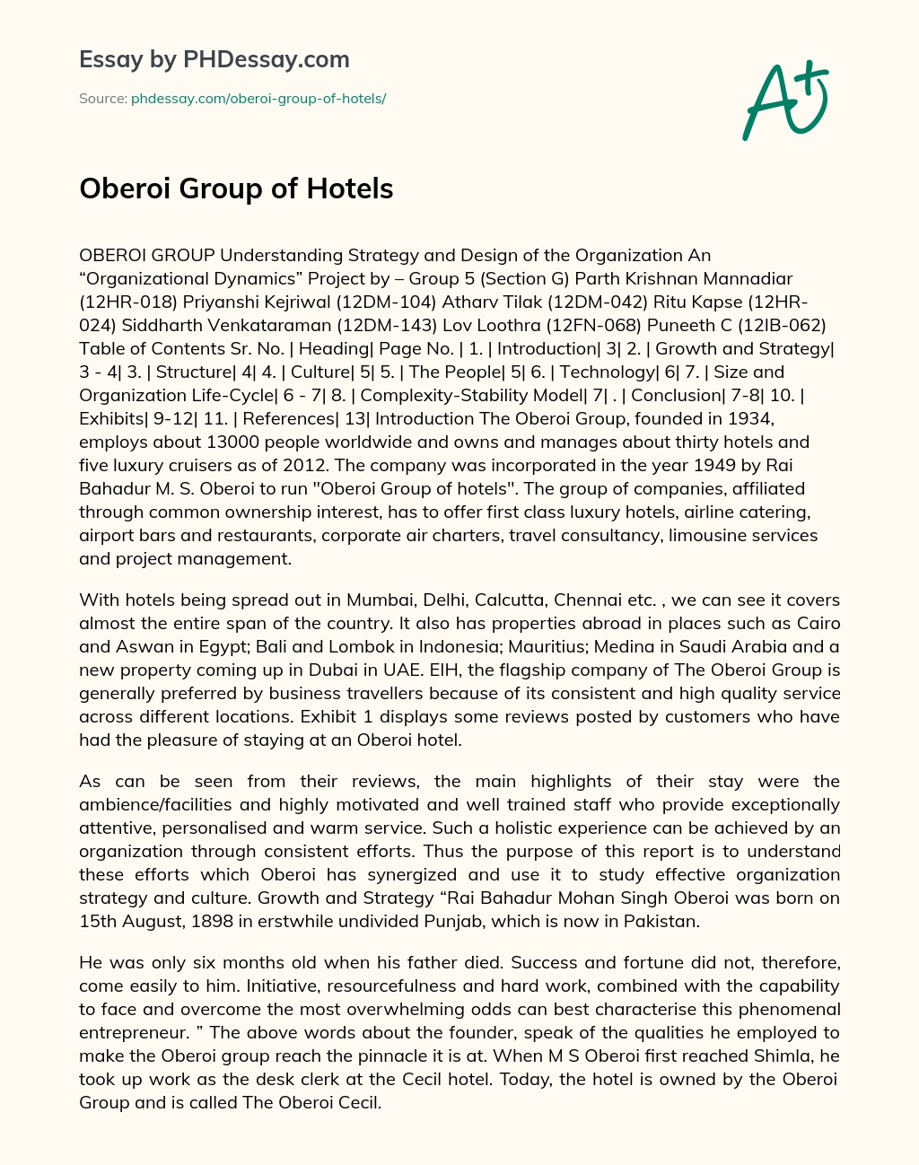 Oberoi Group of Hotels Narrative Essay essay