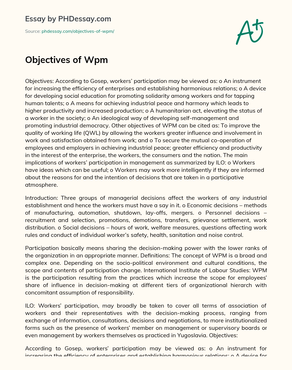 Objectives of Wpm essay