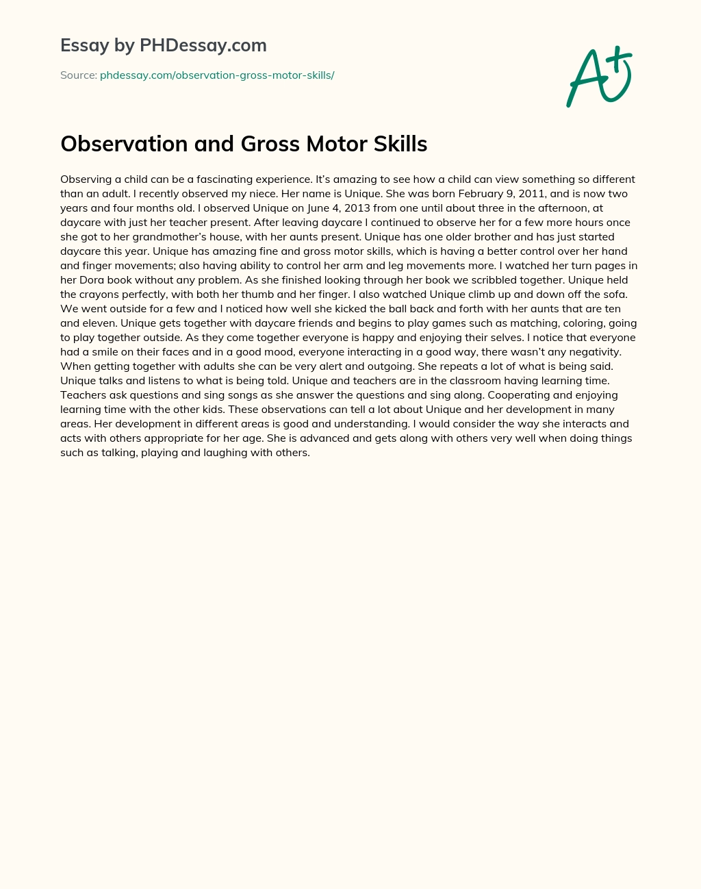 Observation and Gross Motor Skills essay