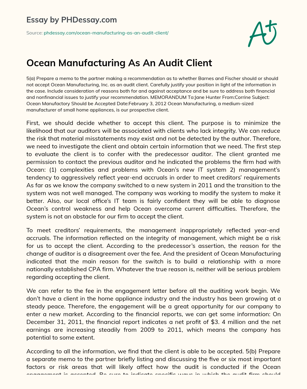 Ocean Manufacturing As An Audit Client essay