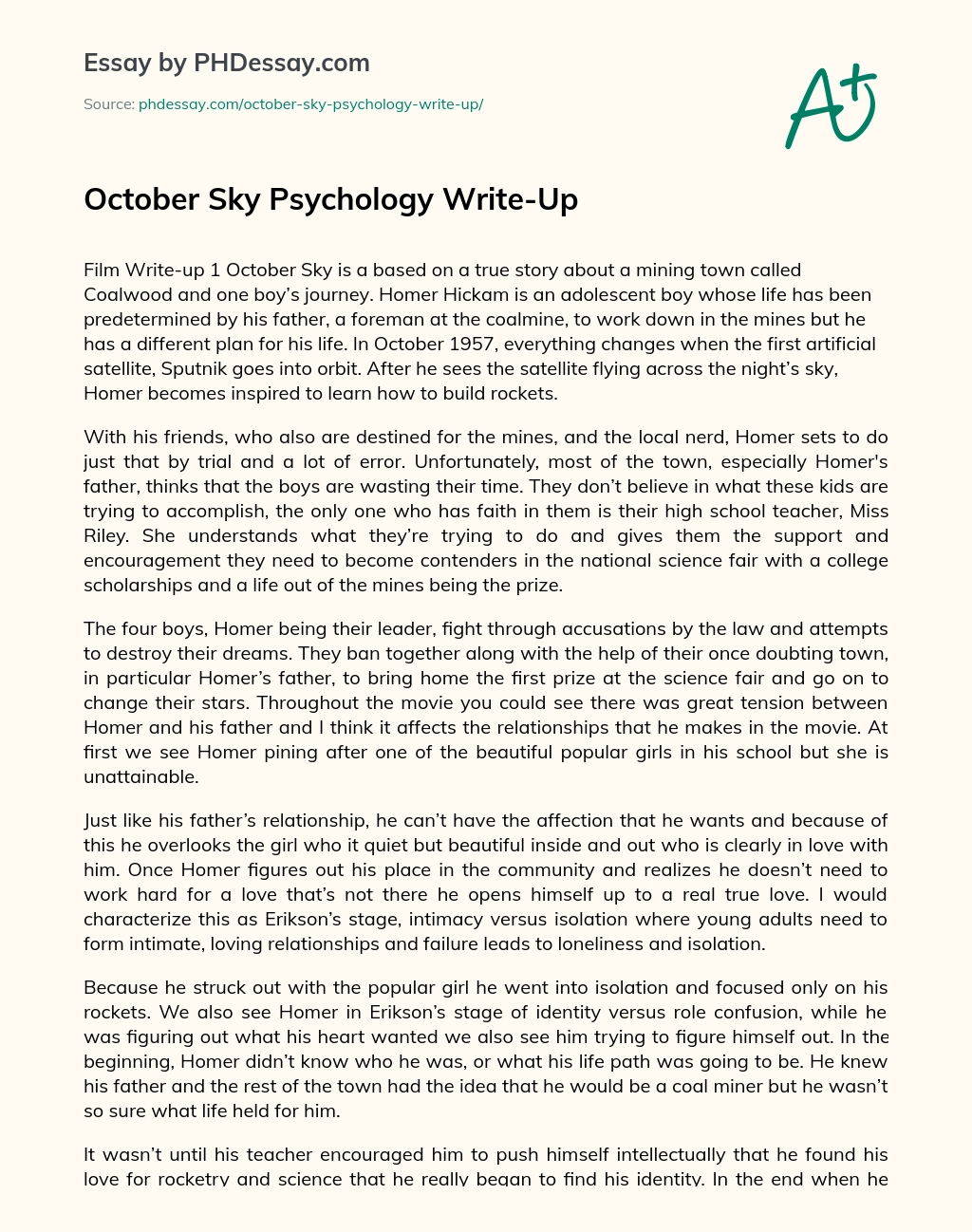 October Sky Psychology Write-Up essay