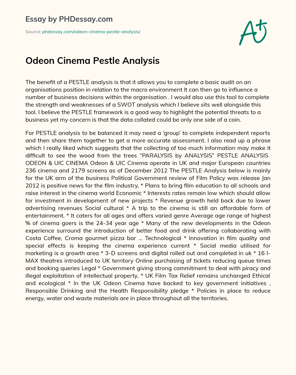 Odeon Cinema Pestle Analysis essay