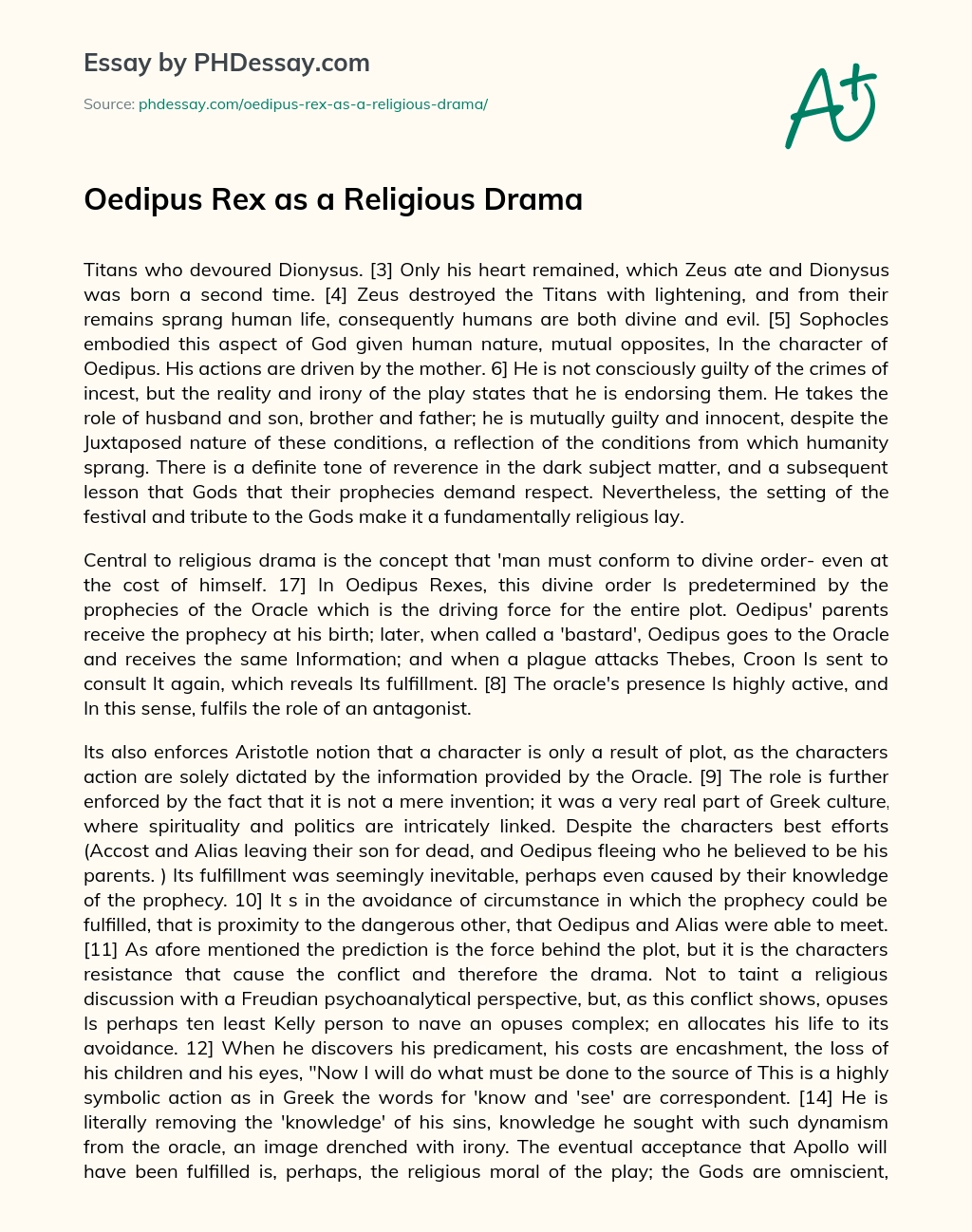Oedipus Rex as a Religious Drama essay