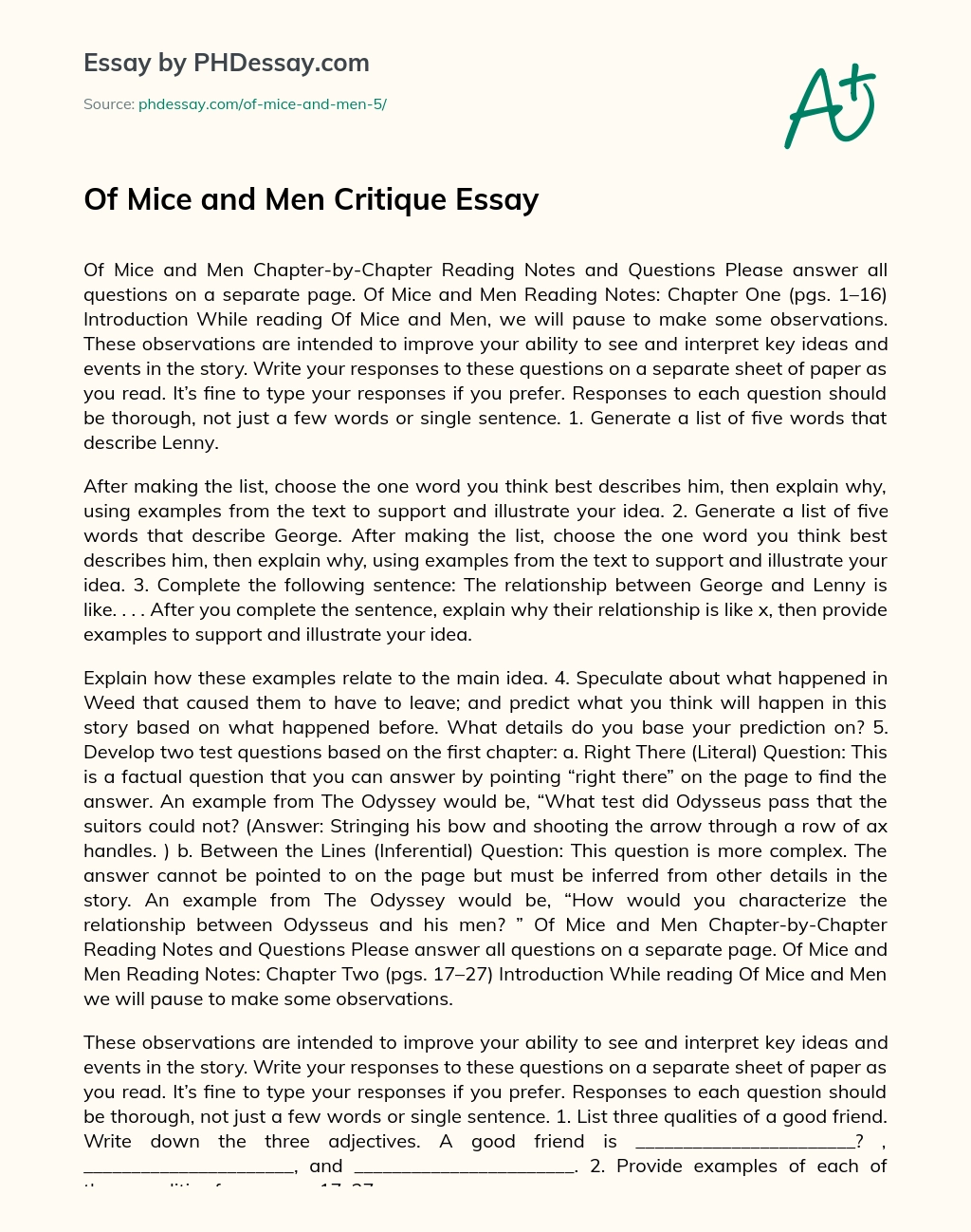 Of Mice and Men Critique Essay essay