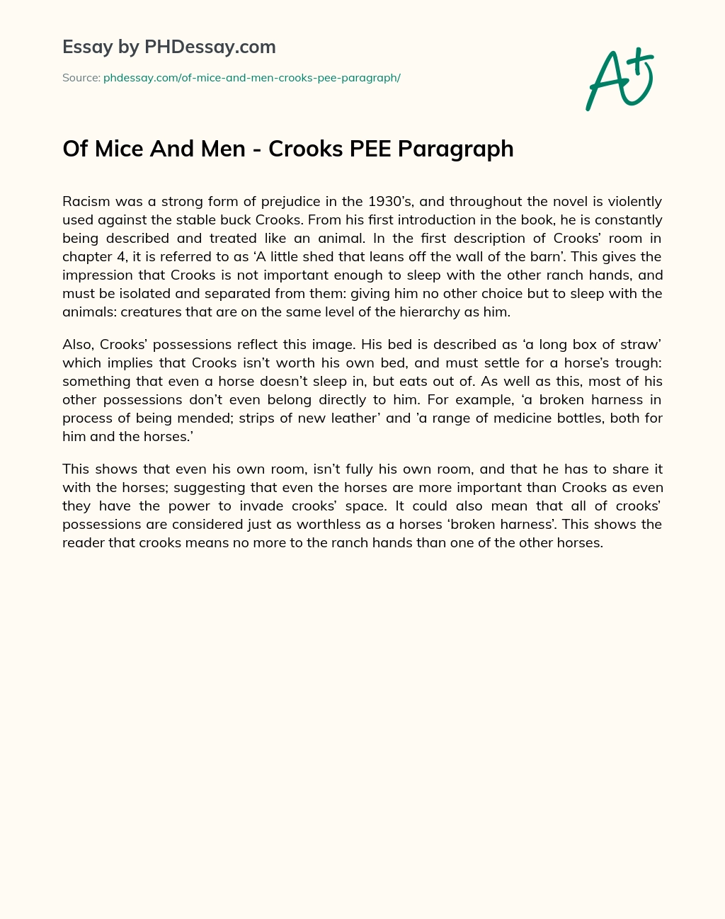 Of Mice And Men – Crooks PEE Paragraph essay