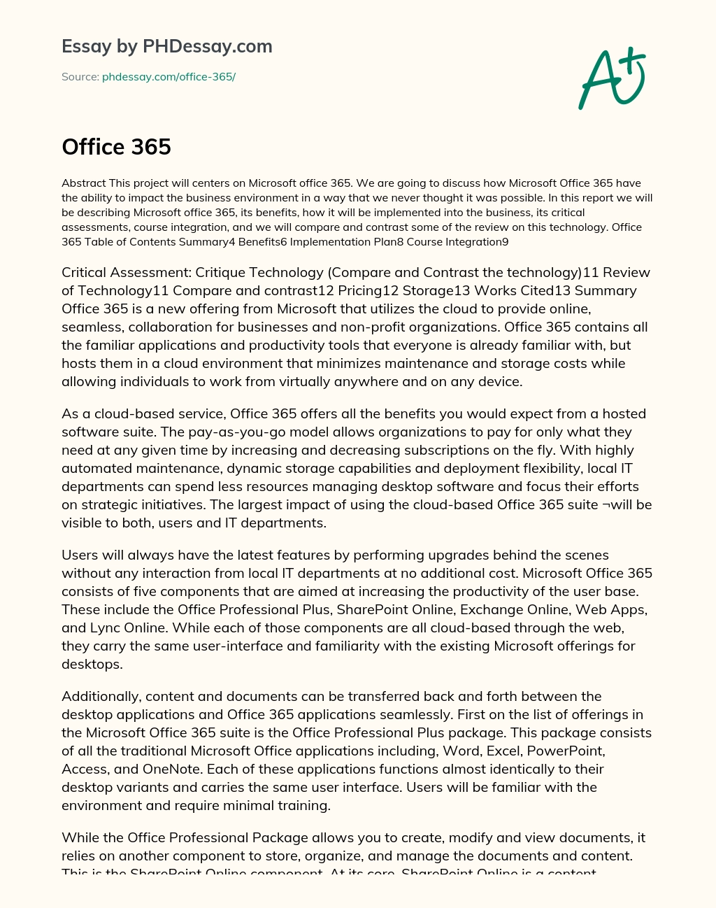 Microsoft Office 365: Benefits and Implementation for Businesses essay