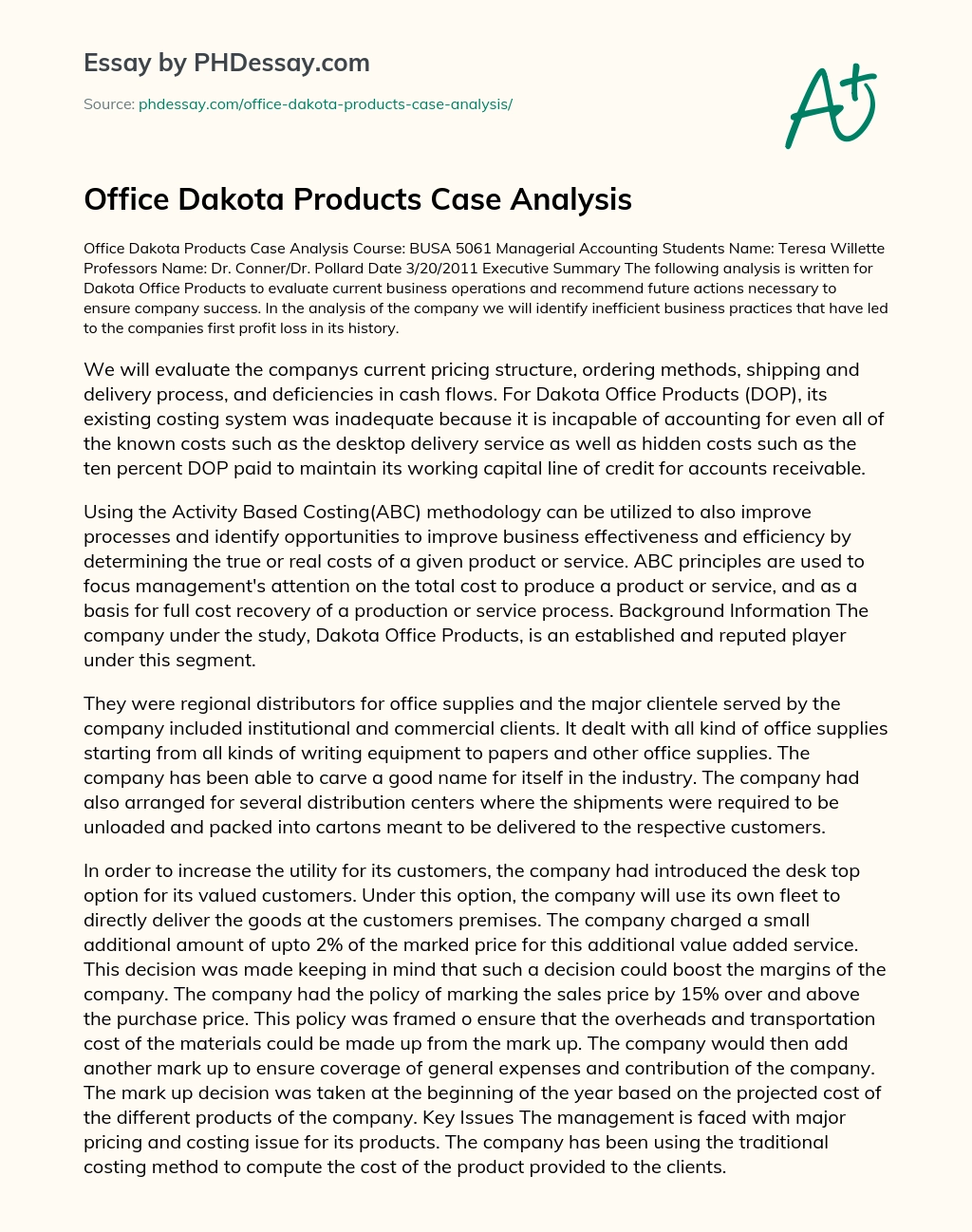 Office Dakota Products Case Analysis essay