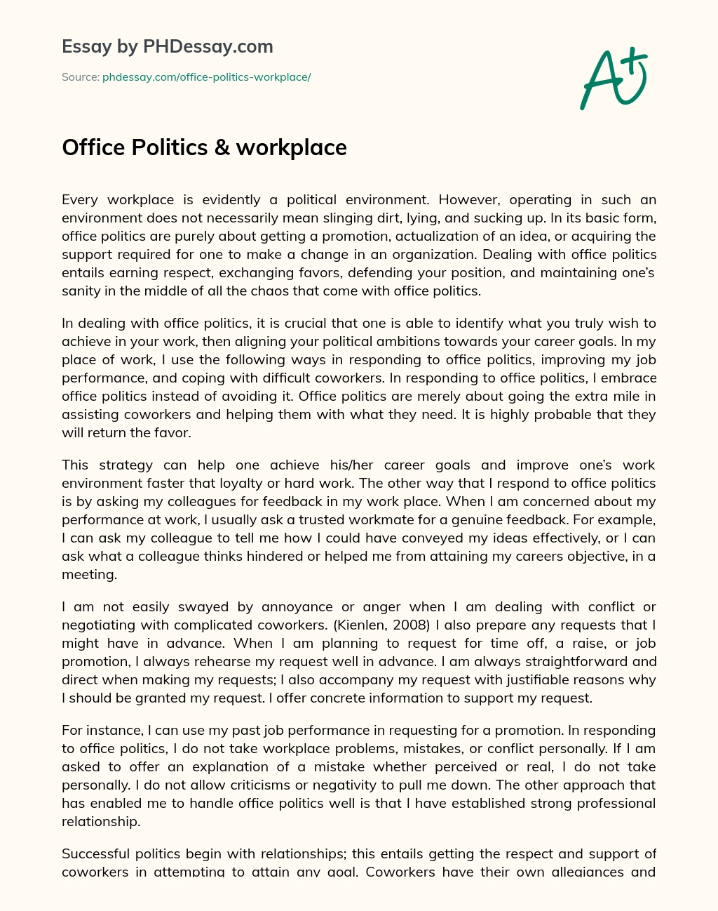 Office Politics & workplace essay