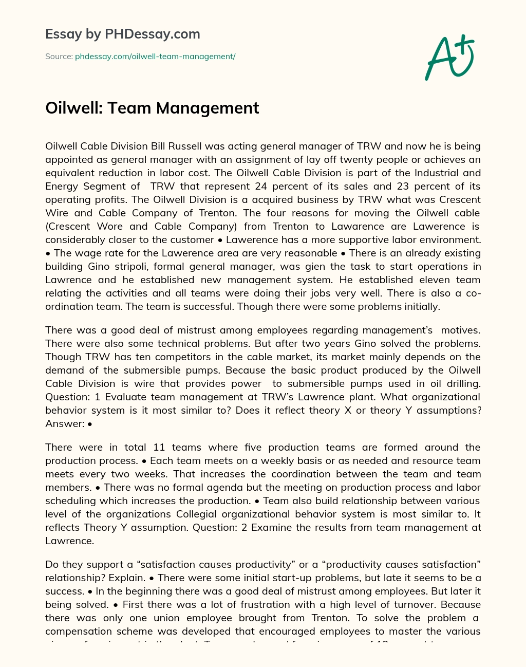 Oilwell: Team Management essay