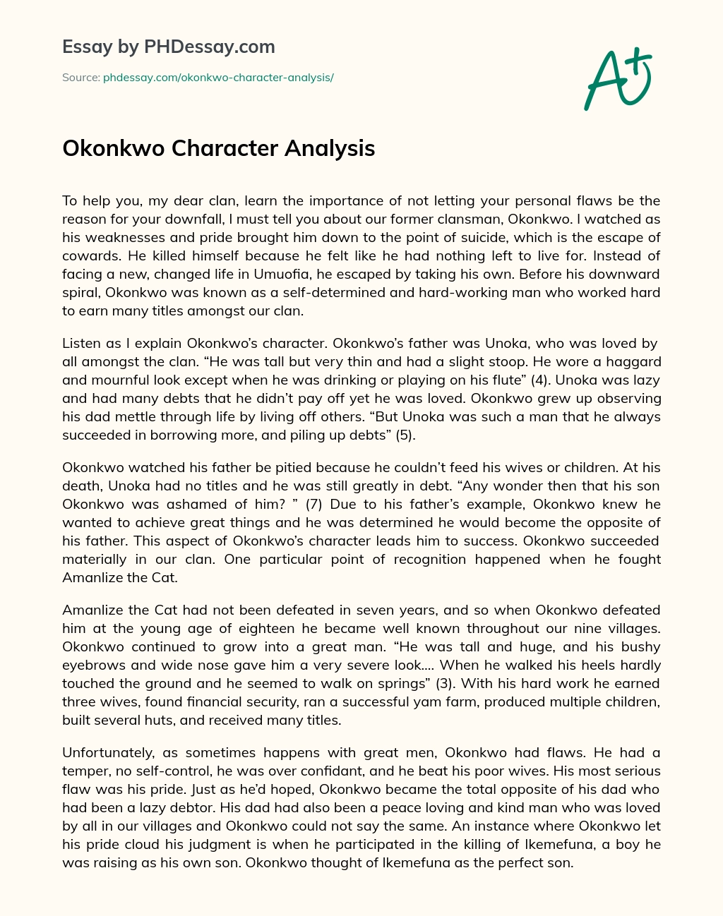 Okonkwo Character Analysis essay