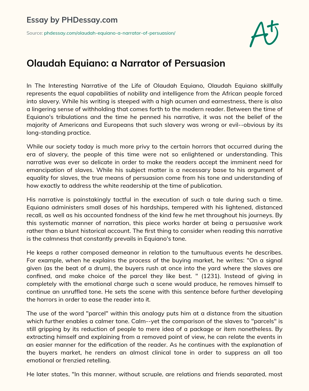 Olaudah Equiano: a Narrator of Persuasion essay