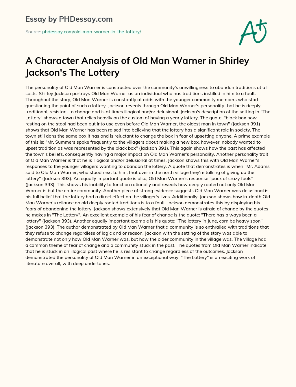 A Character Analysis of Old Man Warner in Shirley Jackson’s The Lottery essay