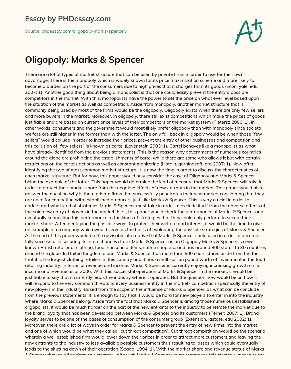 Oligopoly: Marks & Spencer essay