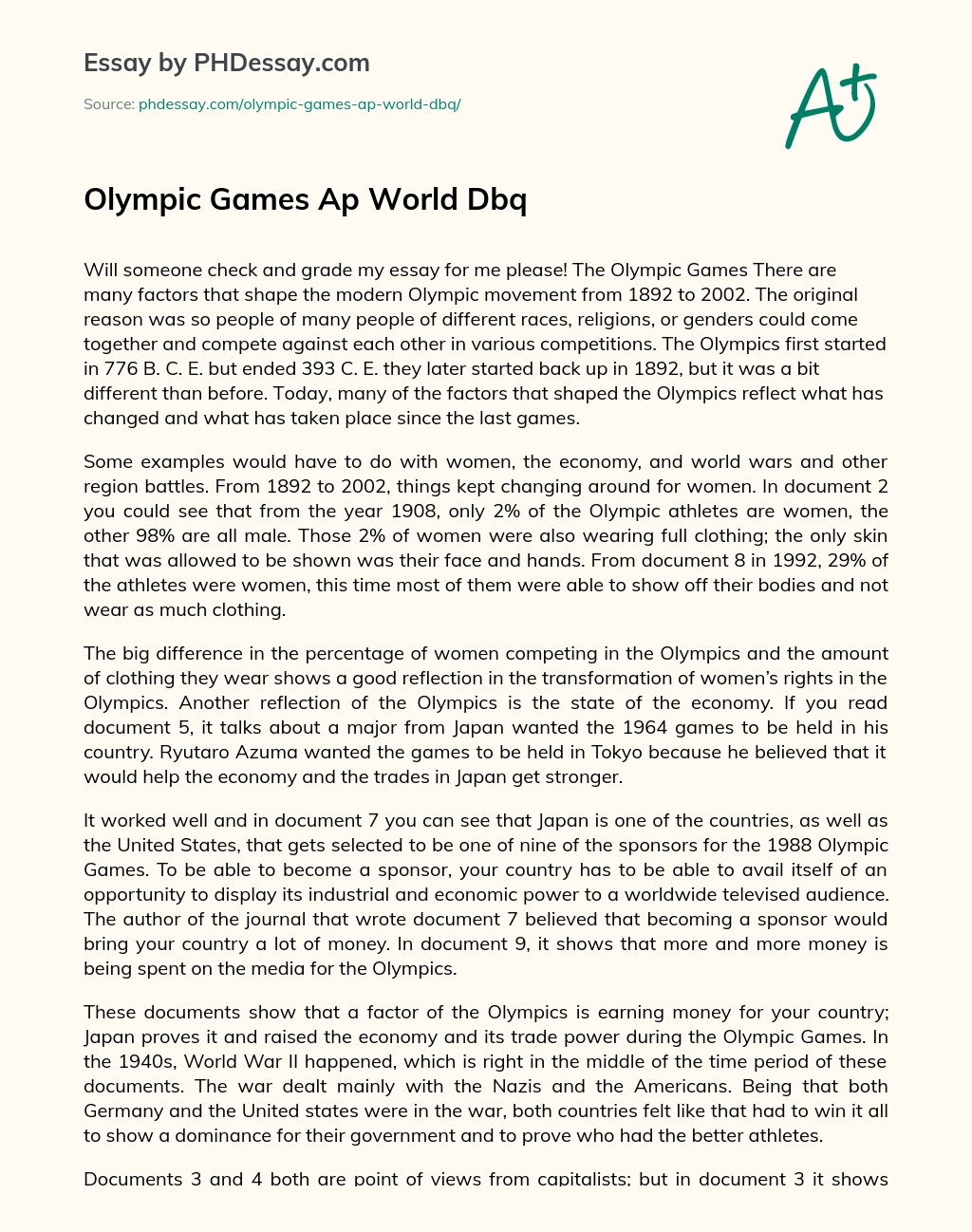 Olympic Games Ap World Dbq essay