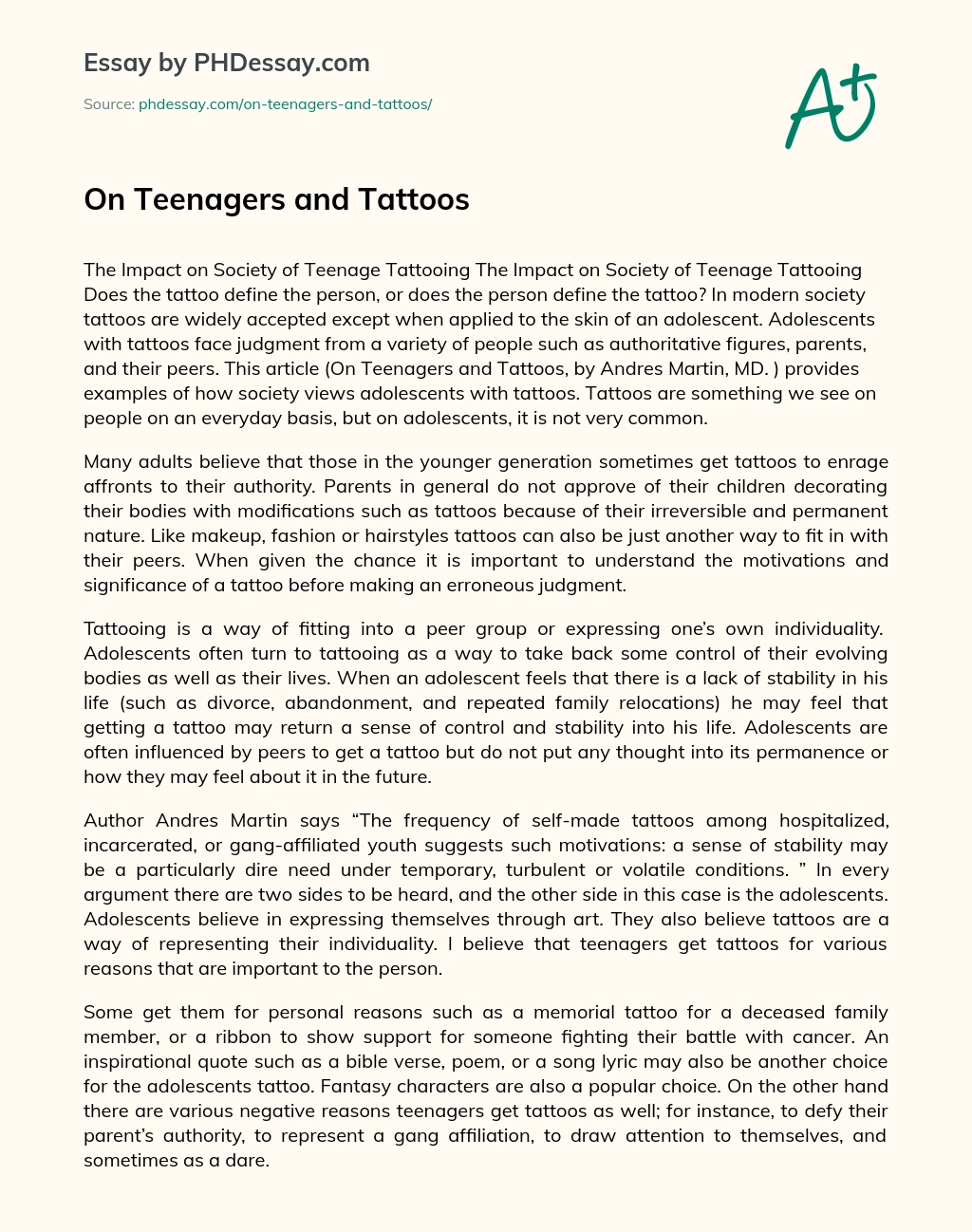 The Impact on Society of Teenage Tattooing essay
