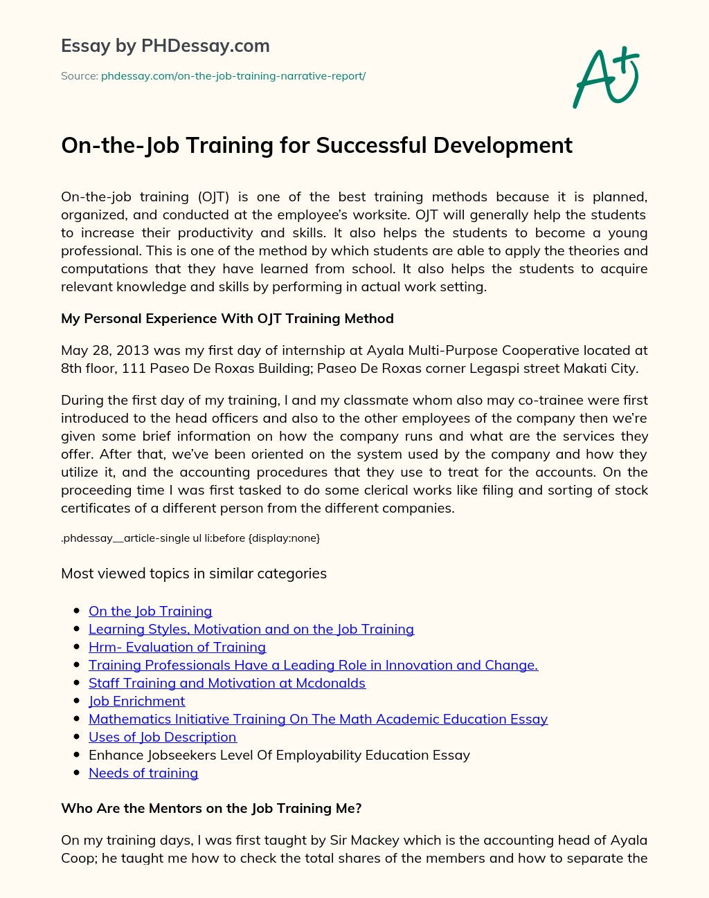 On-the-Job Training for Successful Development essay