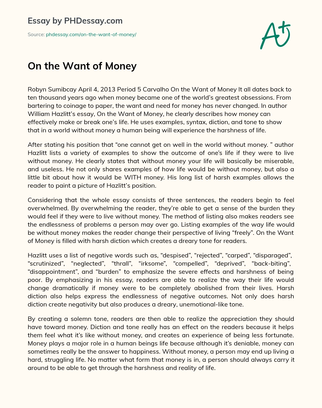 On the Want of Money essay