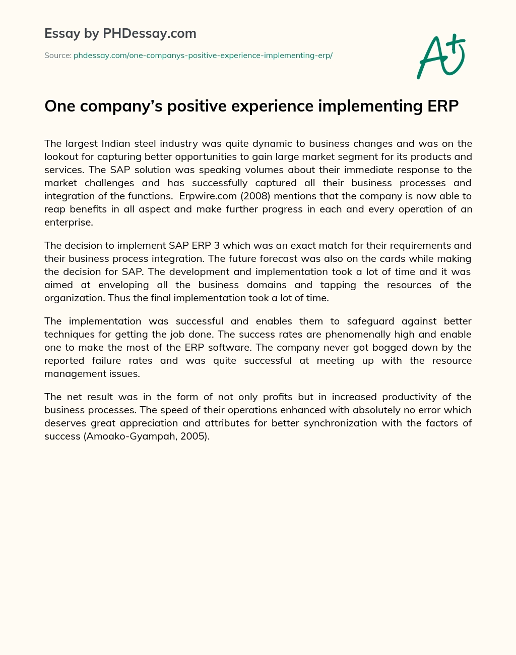 One company’s positive experience implementing ERP essay