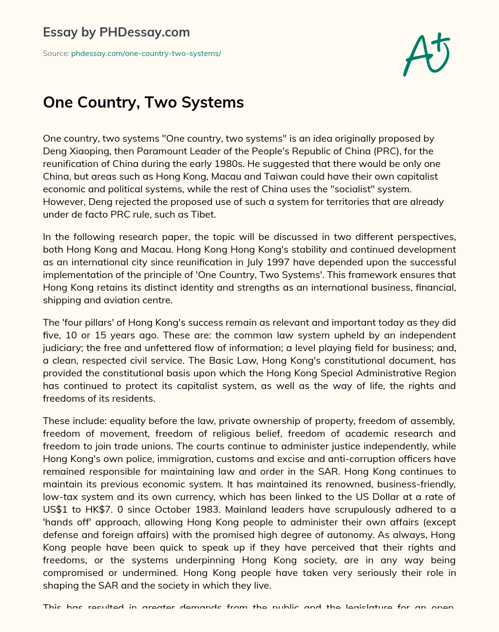 One Country, Two Systems essay