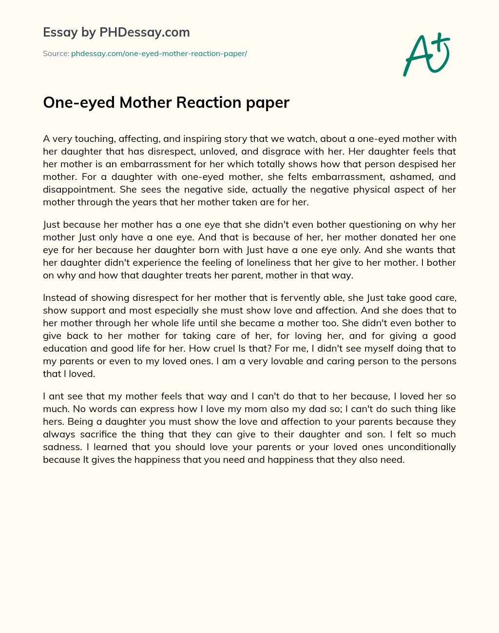 One-eyed Mother Reaction paper essay