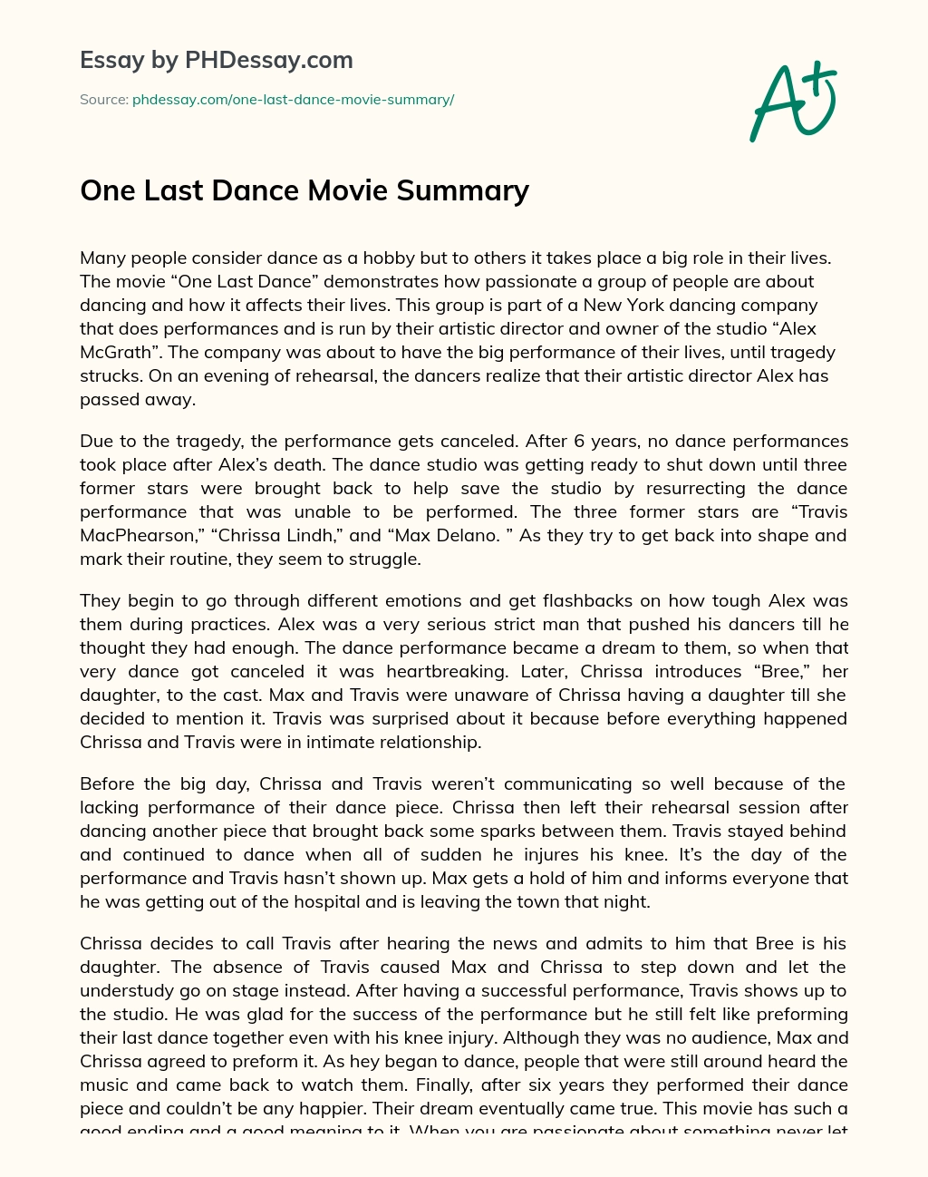 One Last Dance Movie Summary essay