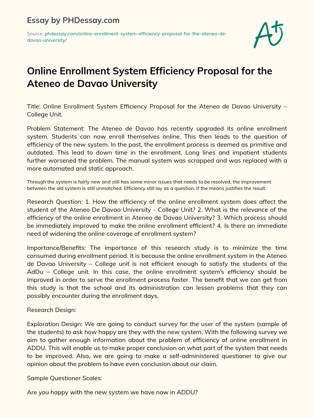 Online Enrollment System Efficiency Proposal for the Ateneo de Davao University essay