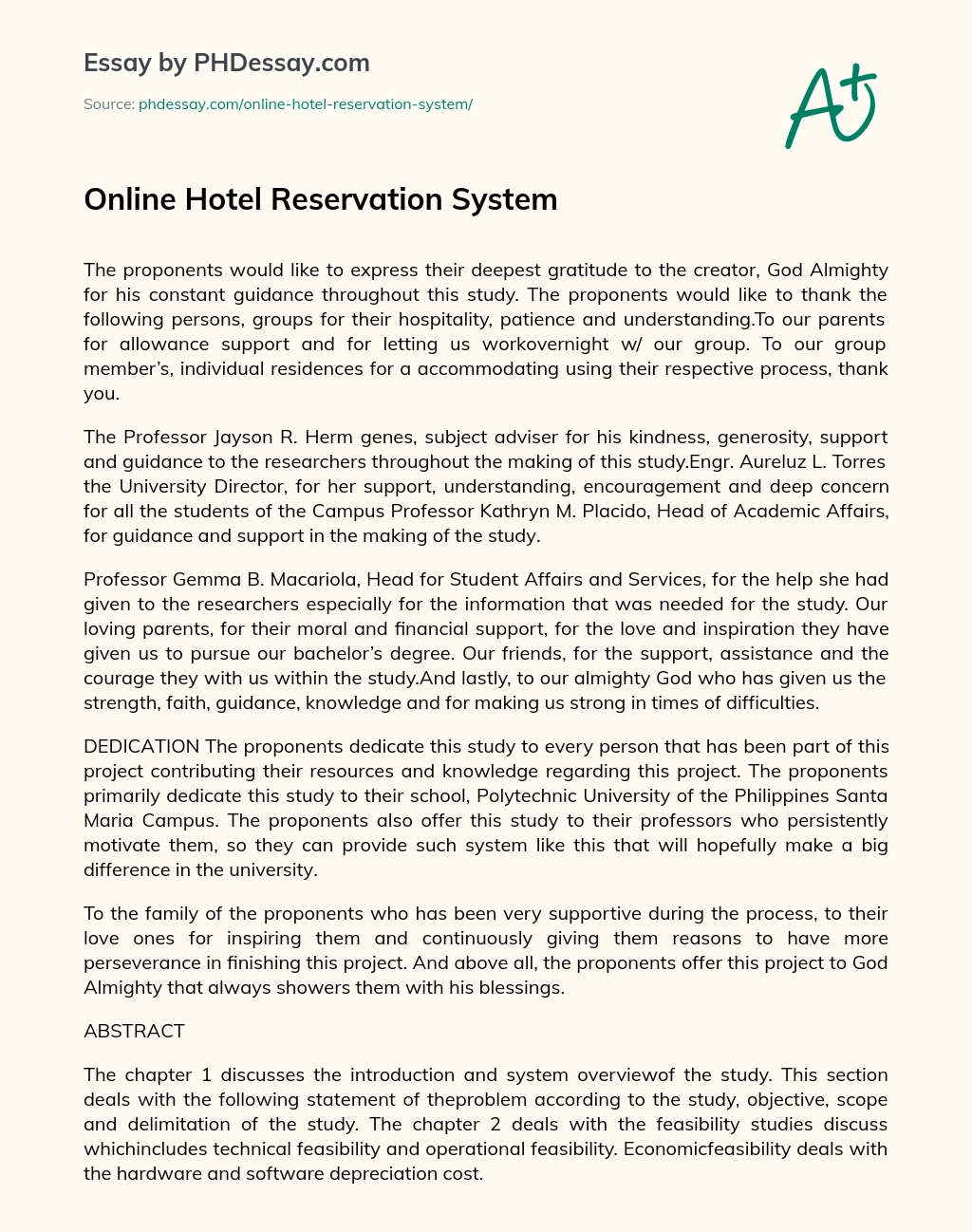 Online Hotel Reservation System essay