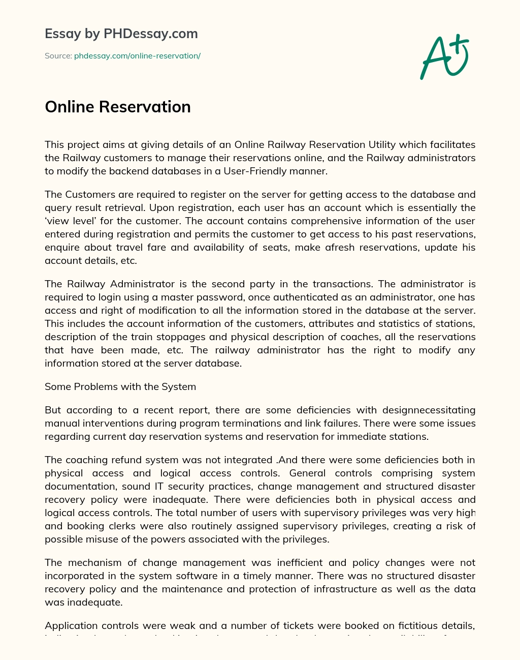 Online Reservation essay