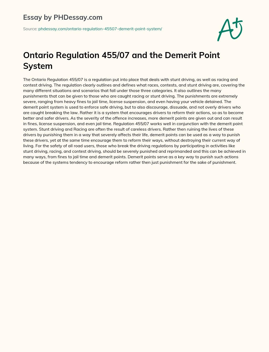 Ontario Regulation 455/07 and the Demerit Point System essay