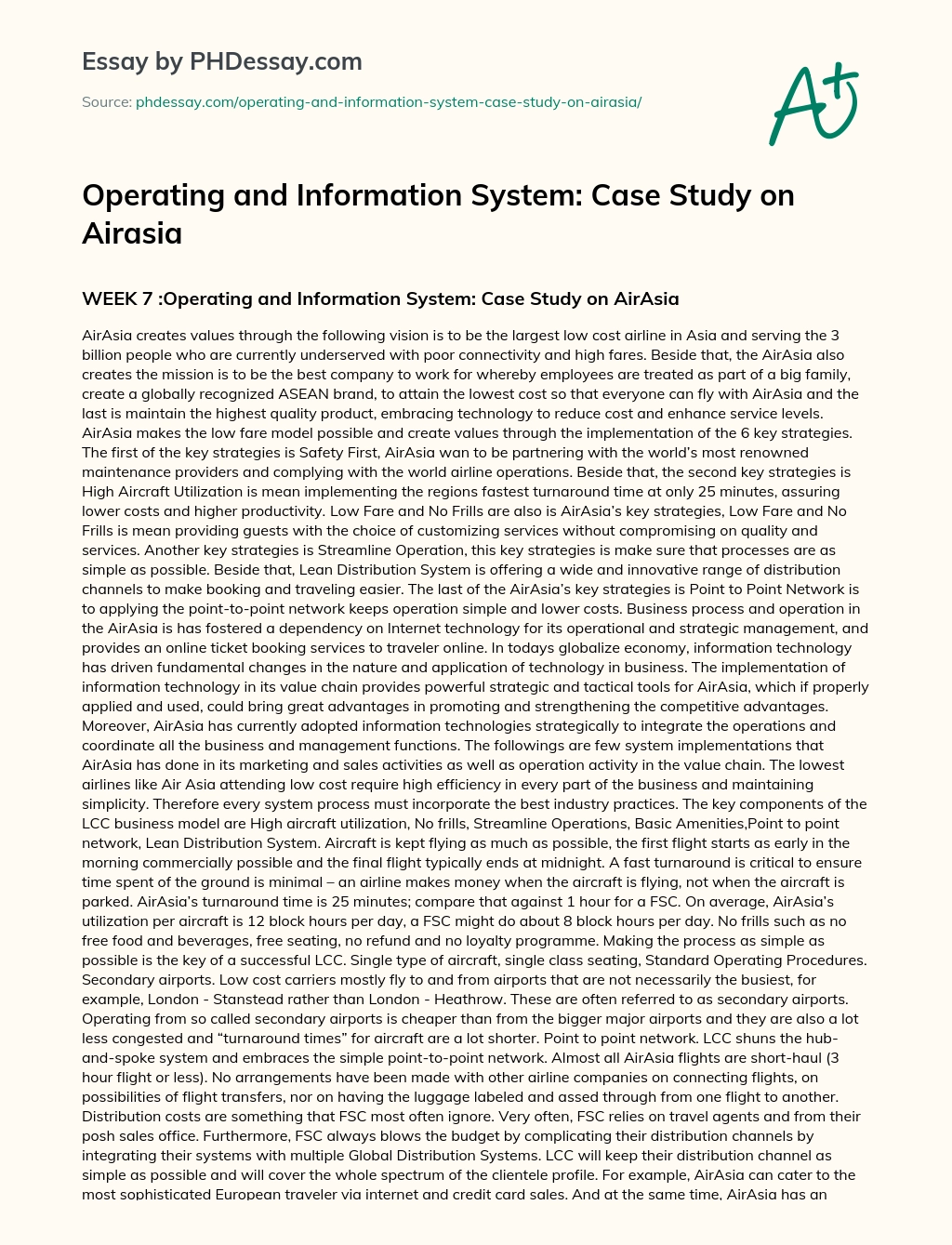 Operating and Information System: Case Study on Airasia essay